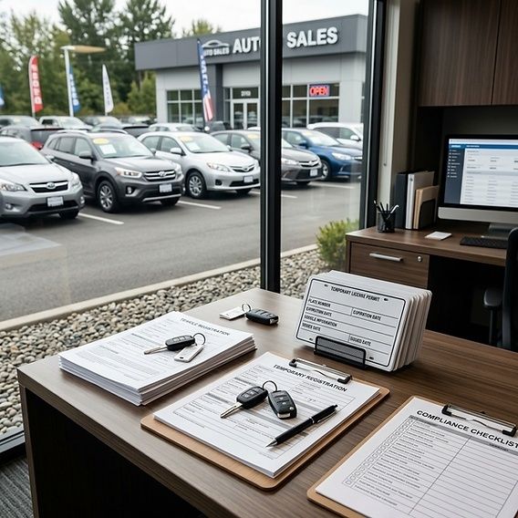 Autoliikkeen työpöytä, auton avaimia ja rekisteröintiasiakirjoja